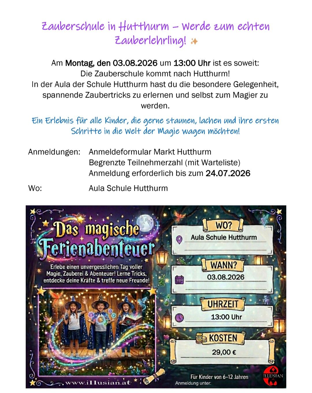 Ferienprogramm Hutthurm Restplätze Zauberschule ✨️