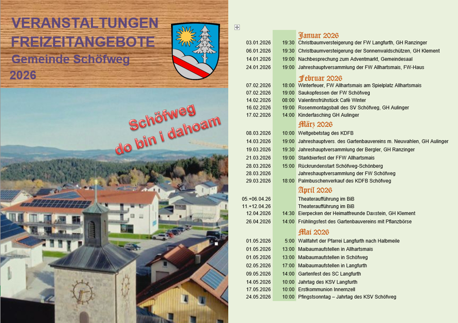 Veranstaltungskalender 2026 für Schöfweg
